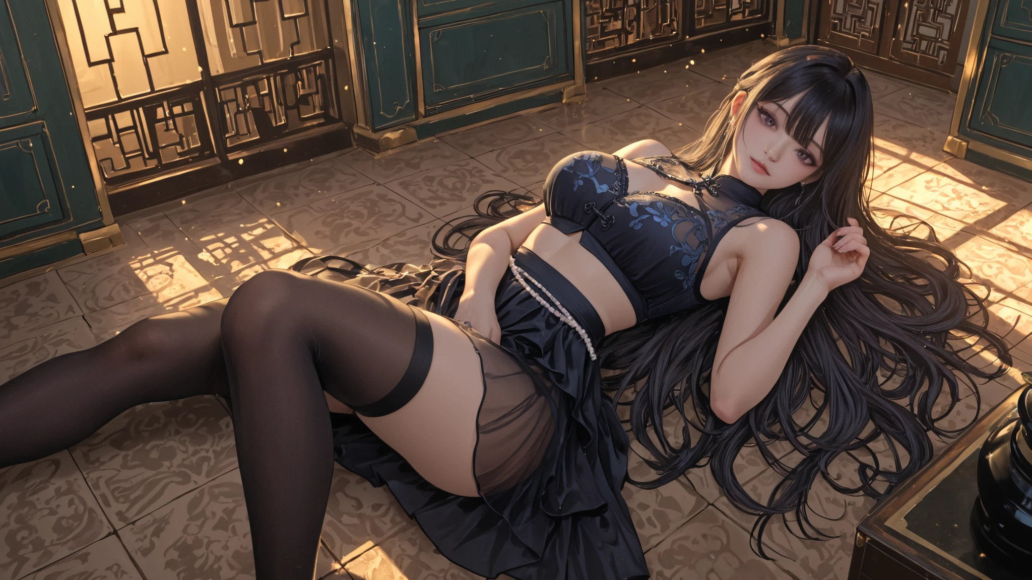 Real photo beauty black silk transparent skirt long legs delicate and smooth skin Bed photo