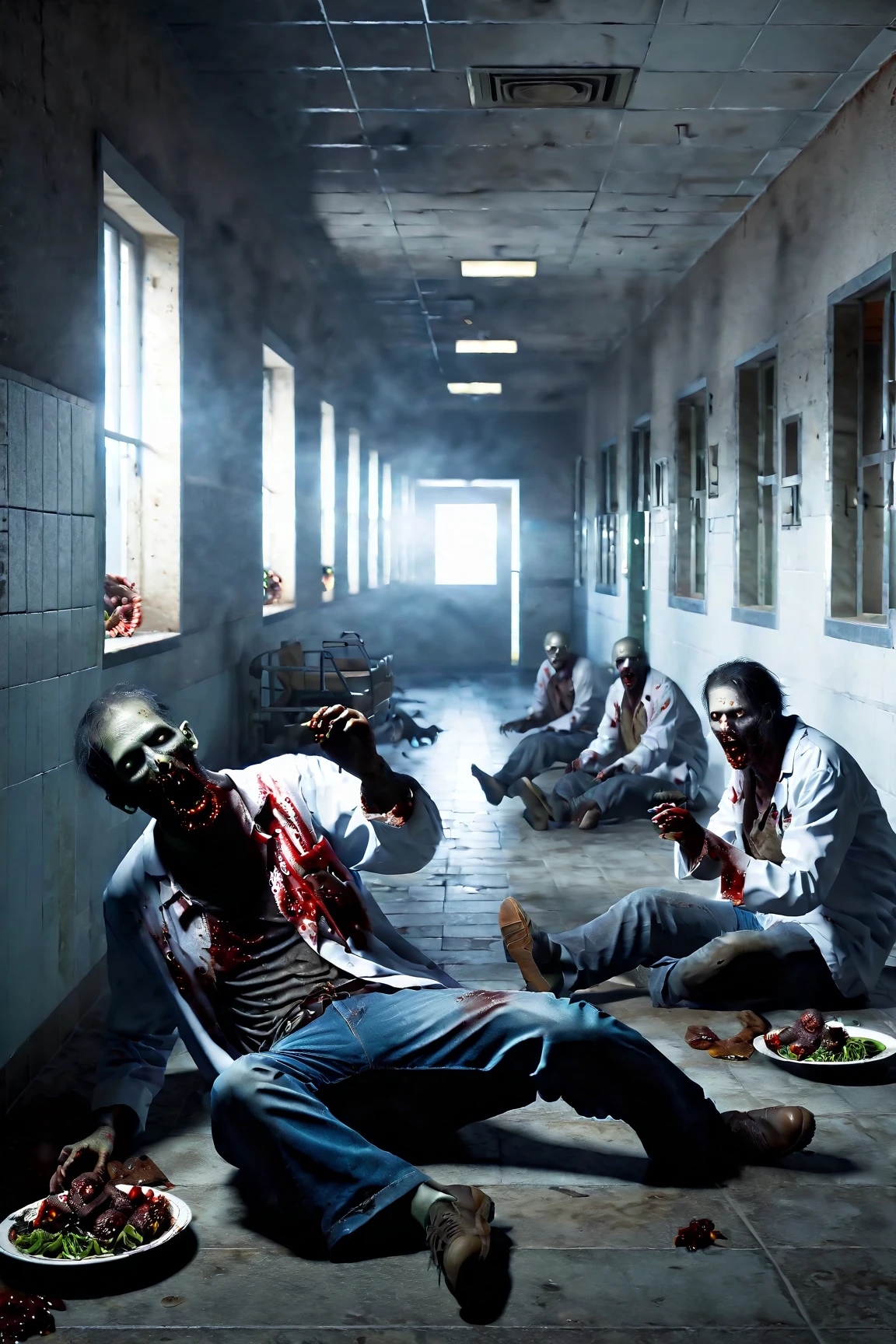 there are many zombies in a hospital room with a man in the bed, zombie in horor concept art, butcher angry rotting zombie, epic color illustration, detailed 4k horor artwork, Resident Evil Virus Concept Art, bleed, cena sangrenta, colorful digital illustration, bloody, horor!! highy detailed, corpses come to life, arte pushead, alien autopsy