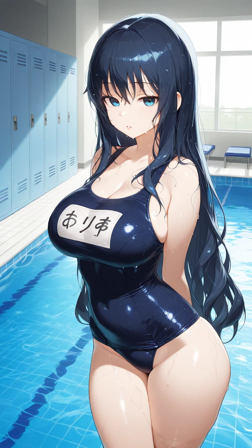 (Perfect hands, Perfect Anatomy:1.4), Satin Ruiko, alone,(紺のSchool Swimsuit:1.5),(A neat figure,thin:1.4),(Hairstyle is a princess cut:1.5),(Black Hair:1.4), blue eyes, (Black Hairの:1.4),(Black Hairの:1.4),Long Hair,(Straight long hair:1.4), hair ornaments, (1 white flower decoration:1.4),(tsurime:1.4),(Sitting),(Broke up_lips:1.4),(Hime cut:1.4),(Large Breasts:1.4),(Put your hands behind your head:1.2), (Wicked Smile:1.4),20-year-old,(Wet:1.2),Sit on, (View your viewers:1.3),(View from below:1.3), (Pool,Poolサイドで:1.4),(Dazzling sunlight,summer:1.4)、 break (Hime cut:1.4),(masterpiece:1.5),(Extremely accurate details,Ultra-high resolution:1.4),Highly detailed CG Unity 8k wallpaper,(Realistic,Photorealistic,超Realisticな:1.5),(curve,model,Glamour:1.5),Beautiful breasts,color_aberration,Beautiful detailed shadows,Beautiful Eyes,Beautiful body,Beautiful Skin,Beautiful Hands,(Aesthetic Anime Eyes:1.4),(figure:0.8), (Beautiful attention to detail:1.4), Highly detailed face, Perfect lighting, Highly detailed CG, (Perfect hands, Perfect Anatomy:1.4),School Swimsuit,