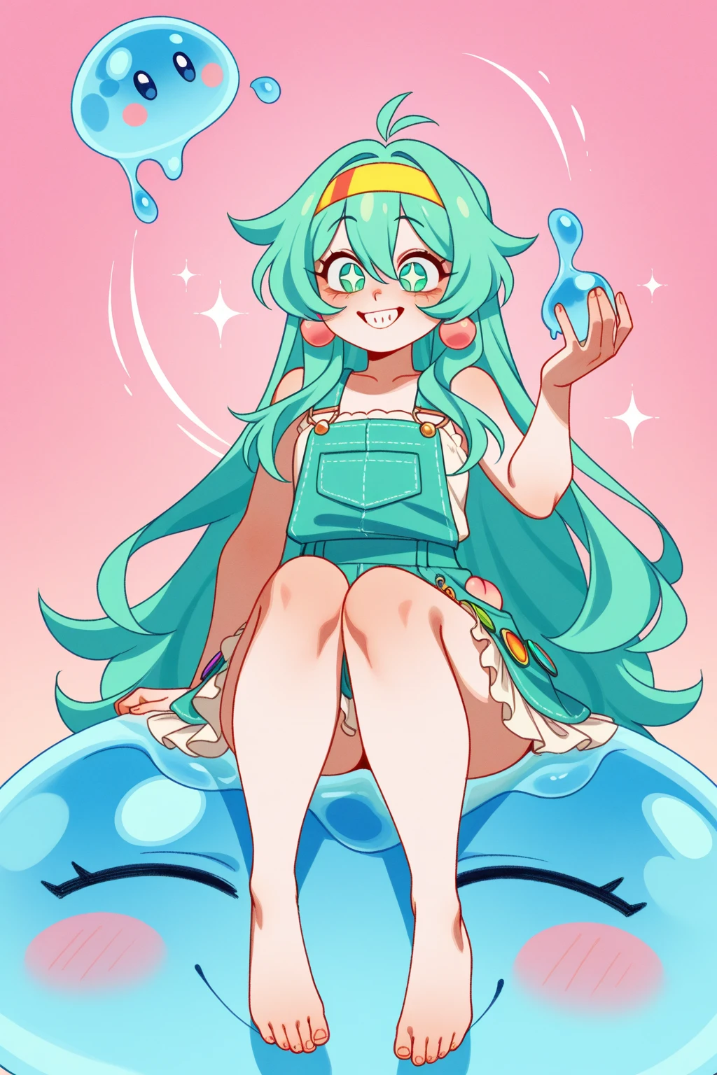 ((highest quality))、((anime))、((Light blue braided hair))、nude、very big breasts、((Chubby body type))、breast milk、drool dripping from the mouth、thick eyebrows、へそearrings、Pink dildo in vagina、big nipples、stick out tongue、((Light blue pubic hair))、smile、earrings、((ejaculation))、Squirting、side、pink rotor、((Futanari))、((big cock))
