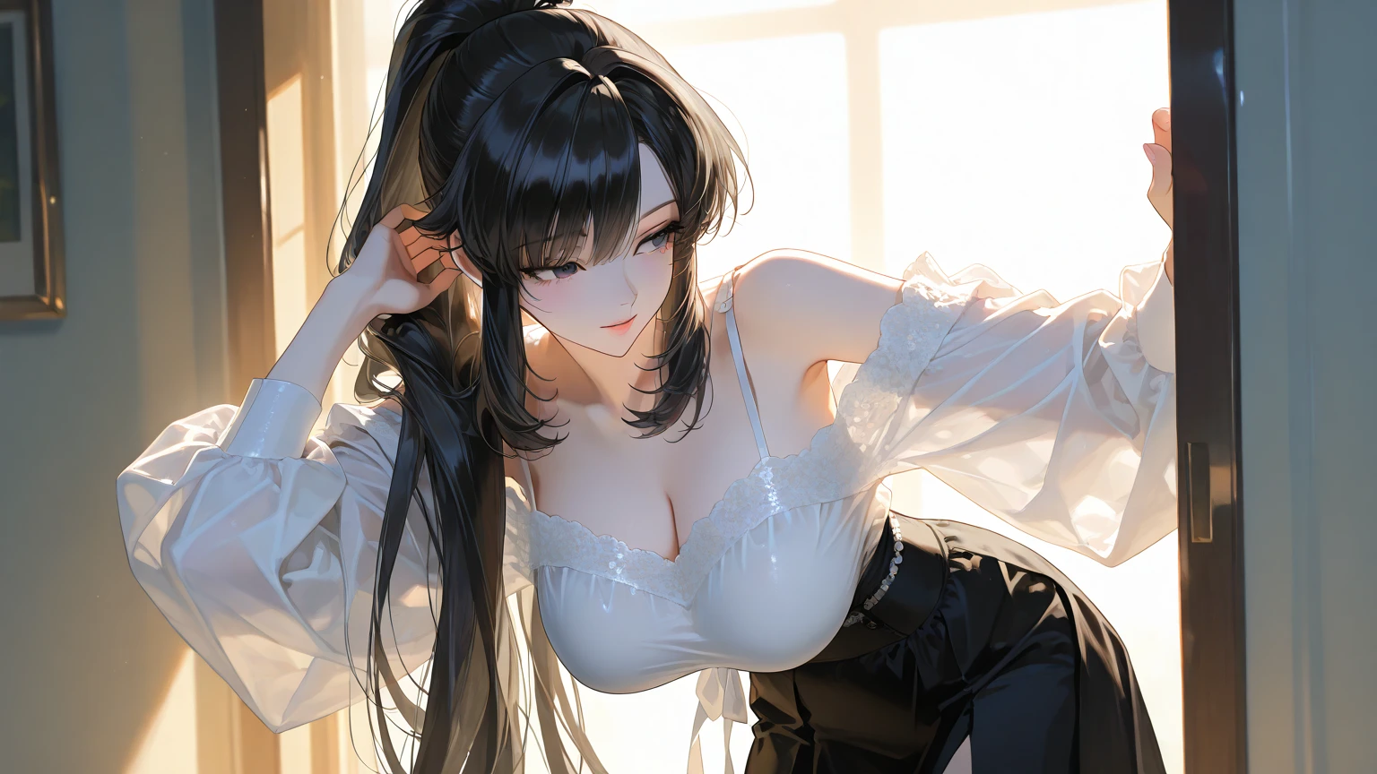 （（（heather rose tartare, Through the bangs, Side Lock, hair band, Red pupils, hair band, Black Hair Color,Lop, b shoulder,  clavicle, Black long dress，hang the pendant near your neck，S-shaped body:1.7））），((masterpiece)),High resolution, ((Best quality))，masterpiece，quality，Best quality at best，（（（ Exquisite facial features，View your viewers,There is light in the eyes，With a smile，Confident ））），（（（Light and shadow intertwine，Huge ???????????））），（（（1 Sister， Dynamic Pose, 1 girl, (Complete diagram:0.9), Own,Human body silhouette， ((Because it's good)),Girl posing for a photo，24 year old female model，Perfect legs、Perfect arms on your back，plum)）））