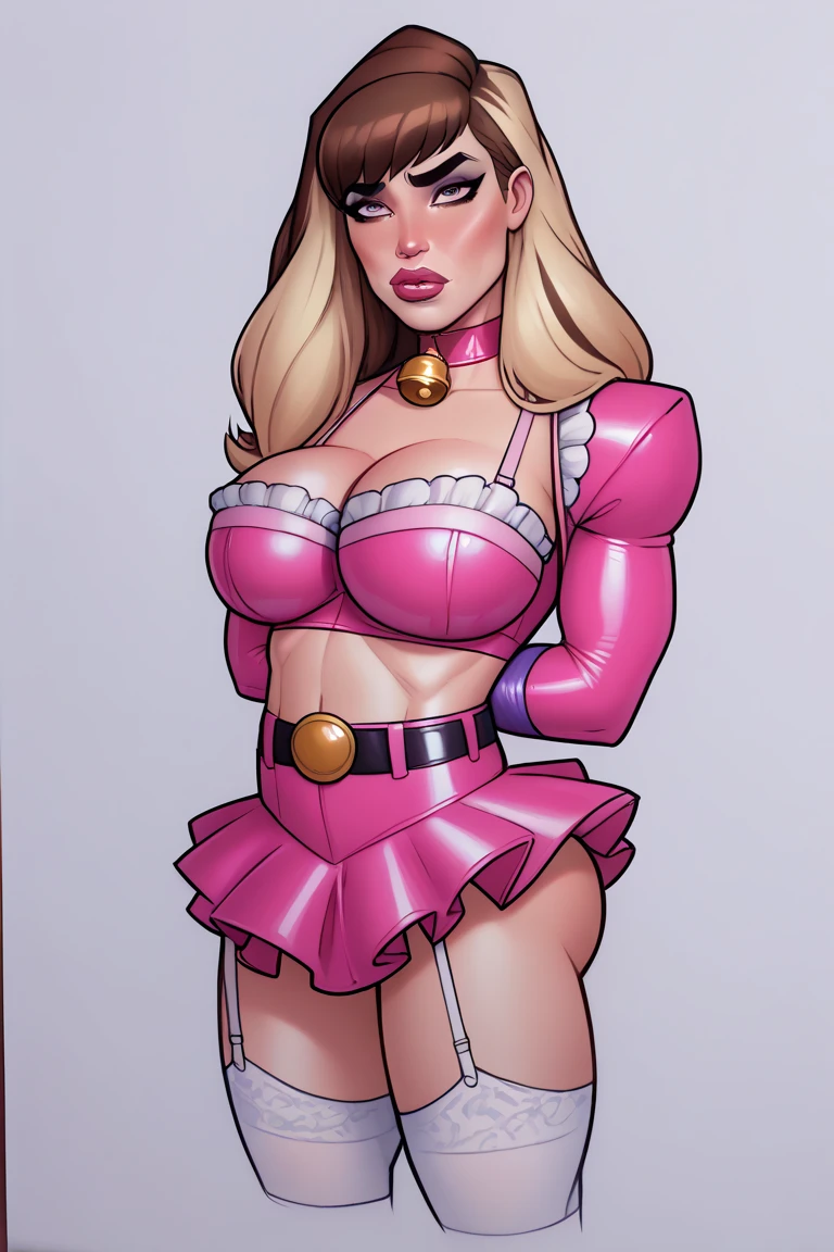 Generate a realistic illustration of a mature Dee Dee (Dexter’s Laboratory), ((pink ballet dress)), ballet shoes, (Aletta ocean face), blonde hair,  de terno preto, twin tails, (blonde), white stockings, (slendered abs), long legs, (pink breasts), pink outfit in anime format with a serious style, (gigantic breasts), perfect skin, detailed face, defined cheekbones, puffy lips, long arm gloves, gothic make up, masterpiece, dark lighting, black background, puffy lips,slendered abs, beautiful face,