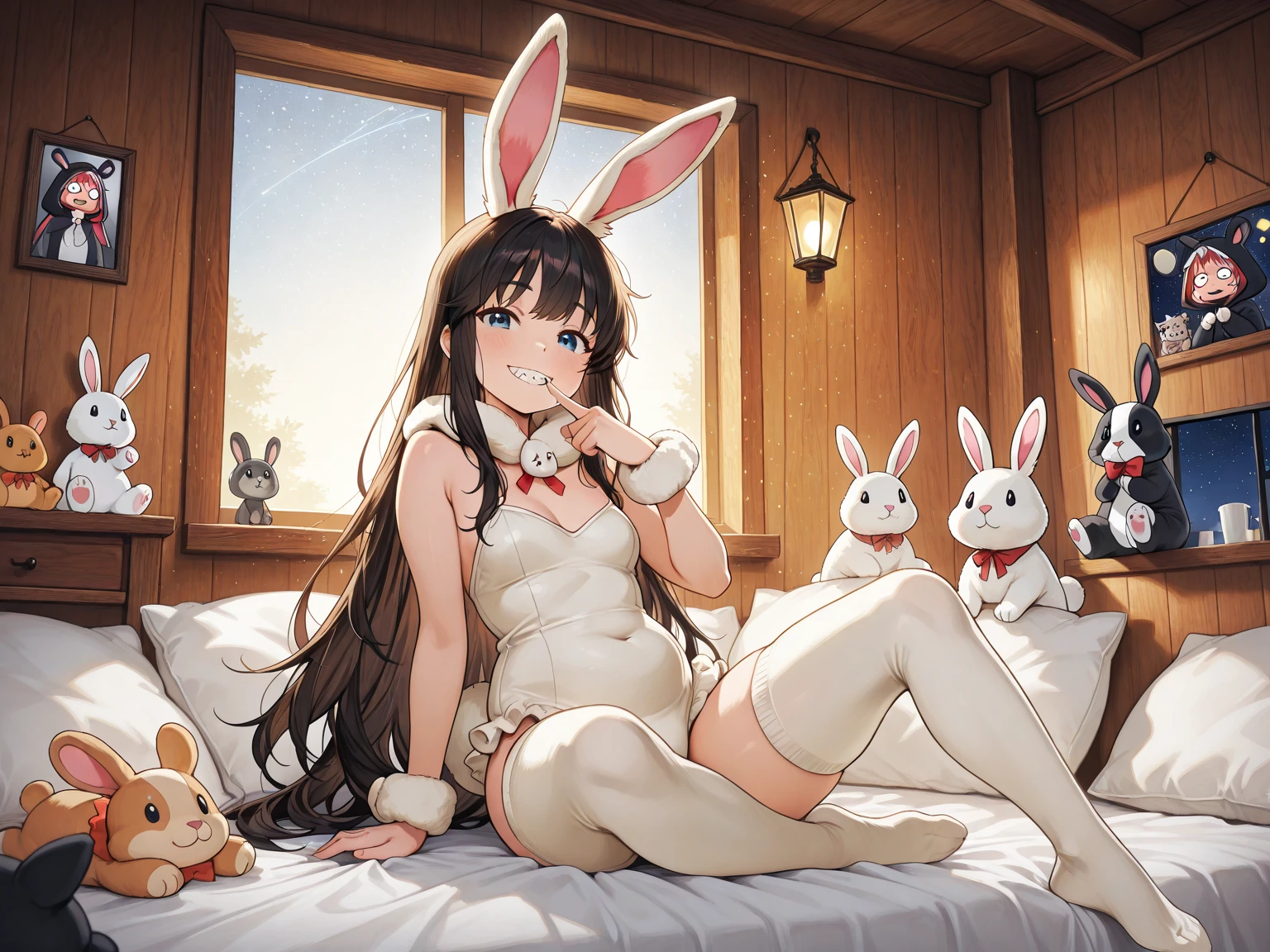 Cheerful bunny girl, see-through attire, white bunny, caring smile, reverse bunny, holding a huge stuffed toy, lie on back, on the japanese style futon,