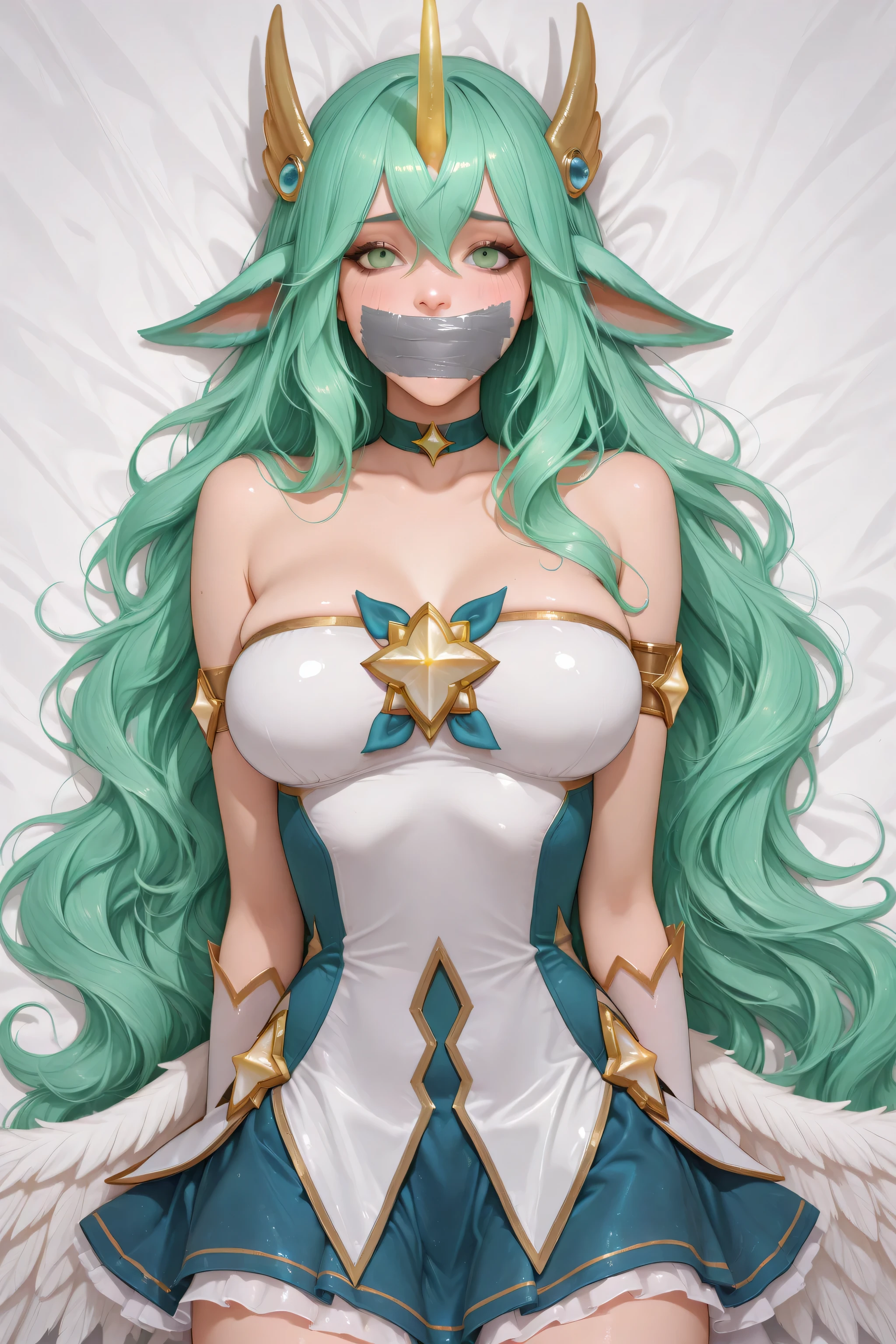 tapegagged,slut written on duct tape, white duct tape gag, 1girl,green hair,horns,long hair,singe horn,soraka_star,star guardian \(league of legends\),bare shoulders,green eyes,animal ears,gloves,magical girl,white gloves,breasts,very long hair,skirt,alternate costume,armlet,choker,alternate hair color,pointy ears,elbow gloves, wings,hair between eyes,bangs,feathered wings,large breasts, hair ornament, masterpiece, dakimakura, high resolution, face only showed, high quality facial features, SLUT written on tape gag, slut written on face