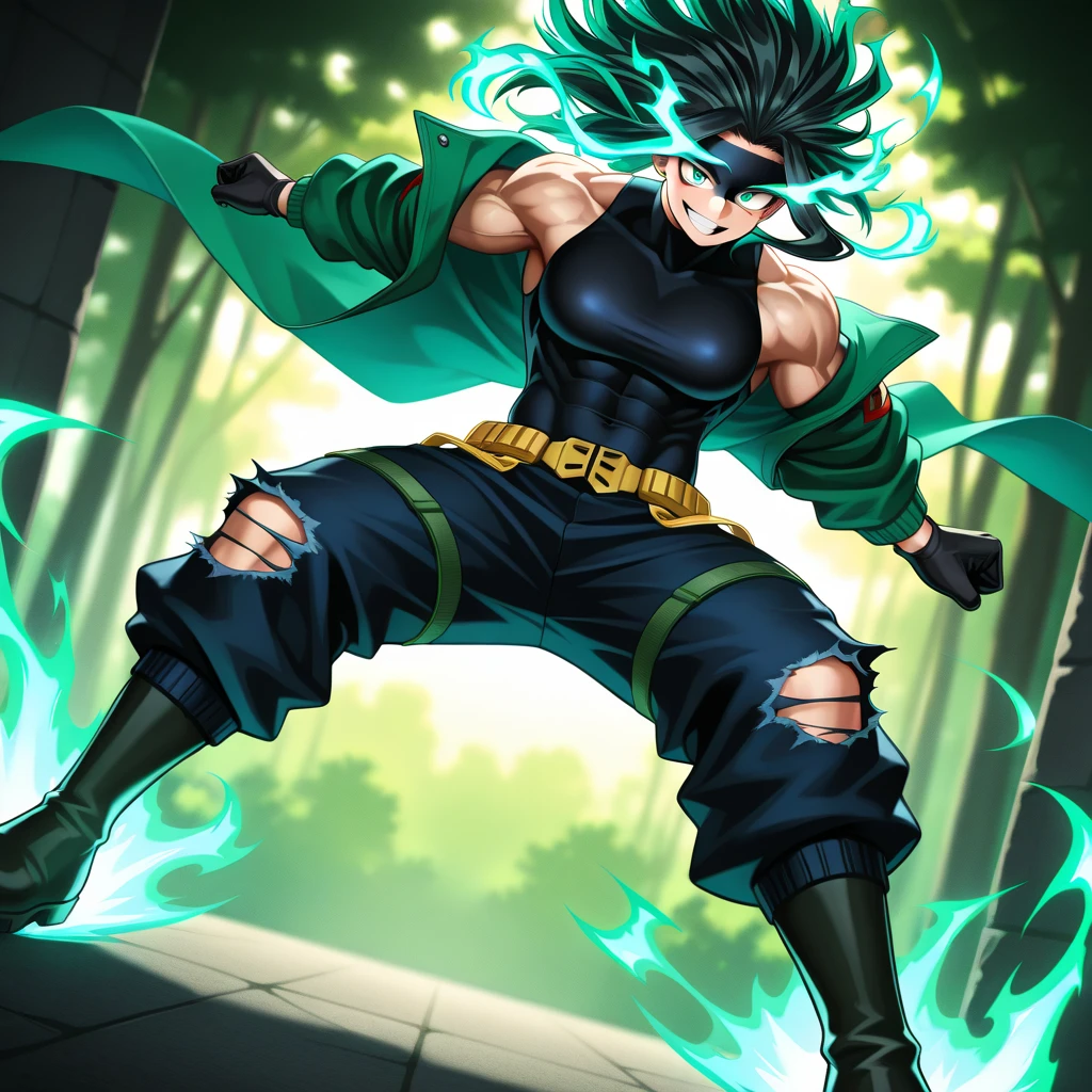 Grito de Dragon Ball (uma mulher) que se eleva majestosamente, com uma aura de energia dourada emanando de seu corpo. Seus cabelos longos e negros caem ondulados pelas costas, contrastando com seus olhos verdes brilhantes, que parecem refletir o poder interior que ela possui. Your muscles are tense and defined, showing off his legendary strength and endurance. In his right hand, ela segura uma bola de energia, ready to launch-la with devastating precision. Ao seu redor, The ground is cracked and raised by the impact of the battle, Showing the incredible power that Kale possesses. The Barren, The desolate scenery in the background only serves to further highlight the imposing presence of the legendary Super Sayajin. --s2