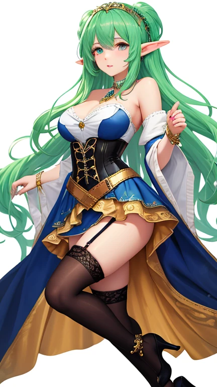 Best quality, masterpiece, ultra high res, raw photo, beautiful and aesthetic, deep shadow, fairy theme,(ultra detailed:1.3), 1girl, dynamic pose, headdress, (beautiful face, detailed eye:1.2), embarrassed, drill hair, long hair, blonde hair, gradient hair, yellow eyes, solo, (busty breasts, gigantic breasts:1.2), big hair, blue hair, divine goddess, looking at viewer, indoors, royal palace, luxurious bedroom, canopy bed, room full of curtain, astraea, full body, iridescent clothing, idol dress, frills, (uniform:1.2) 