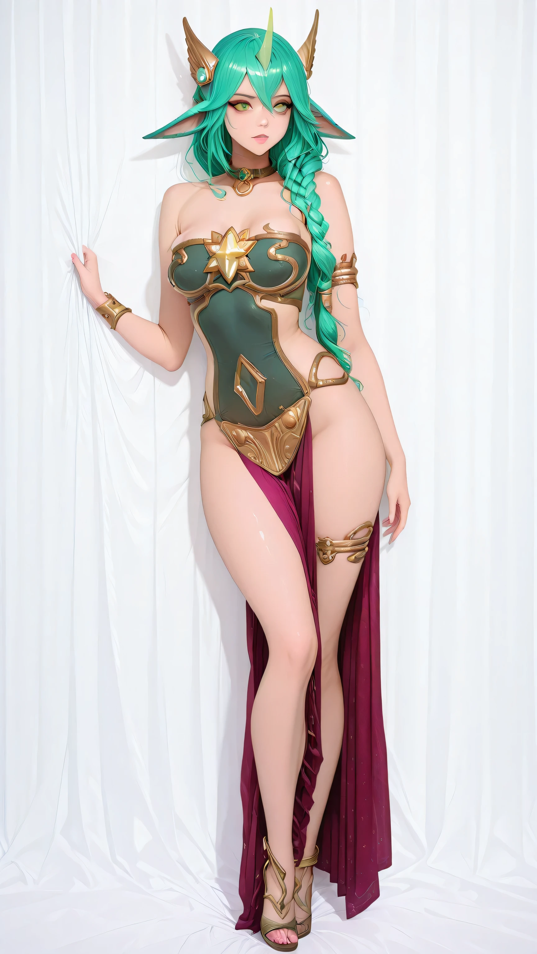 ((Masterpiece, best quality, cinematic lighting, 8k, full body shot, long hair, hourglass body)), (smile:0.85), (realistic background:1.2)
<lora:Metal_Trim_Bikini_By_Stable_Yogi:1.1>
green metal trim strapless bustier bikini, thongs, choker, thighhighs