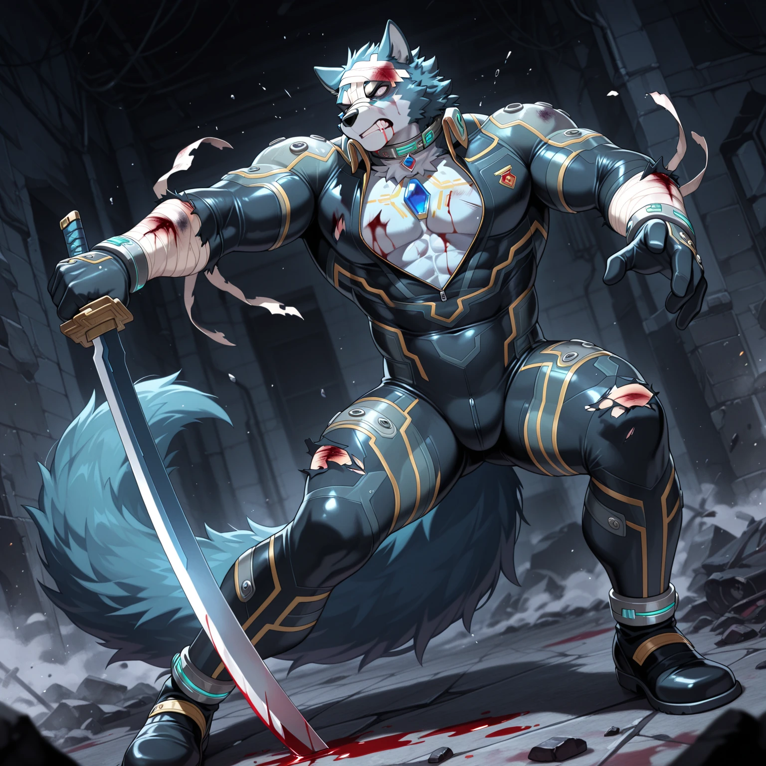 Dogy.1boy,  (a lot of blood:2.4)single, adult, mature, tall muscular male, broad shoulders, handsome, dog head, glowing red eyes ,angular chin, glittering golden armor,  holy light, light art, light painting, wildlife photography
