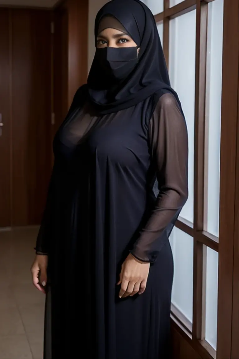44 years old indian aunty in black silk burkha stand on bed
