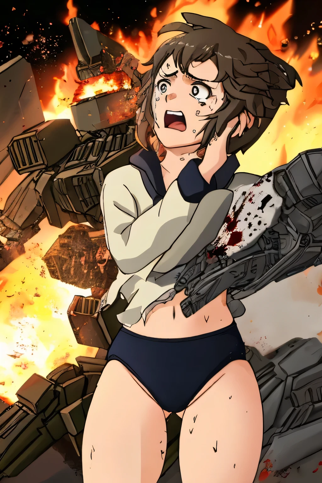 cockpit_explosion, fire, electricity, screaming, explosion, science fiction, wide-eyed, tearing clothes, standing, blood, scared, sweat, crying, mecha, torn clothes, tears, cockpit,1girl、wearing black gymnastics bloomers,high leg,white blouse,cowboy shot,self wedgie,bloomers pull myself,後ろに寄りかかる、体を反らせる、後ろに反らせる、串刺し、体を後ろに反らせる、エビ反り,爆風、衝撃、破壊、吹き飛ぶ、消滅、焼き尽くされる