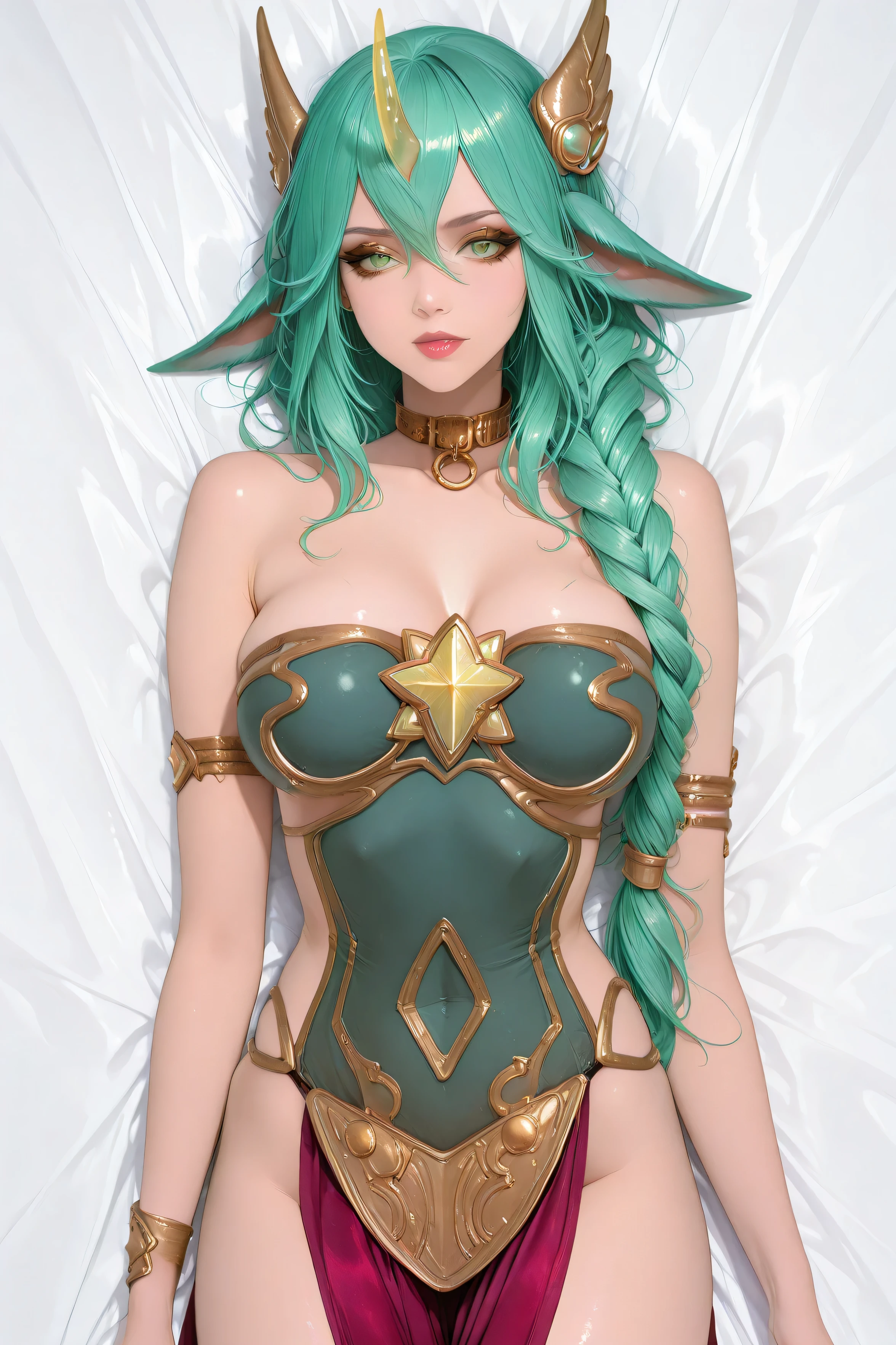 elf girl, female elf, alluring elf princess knight, portrait of an elf queen, elf queen, elven character with smirk, portrait of an elf, elf princess, beautiful and elegant female elf, extremely detailed artgerm, very beautiful elven top model, an elf queen, (yellow bikini with tiger stripeedroom backgroun, bed, pillow, royal bed