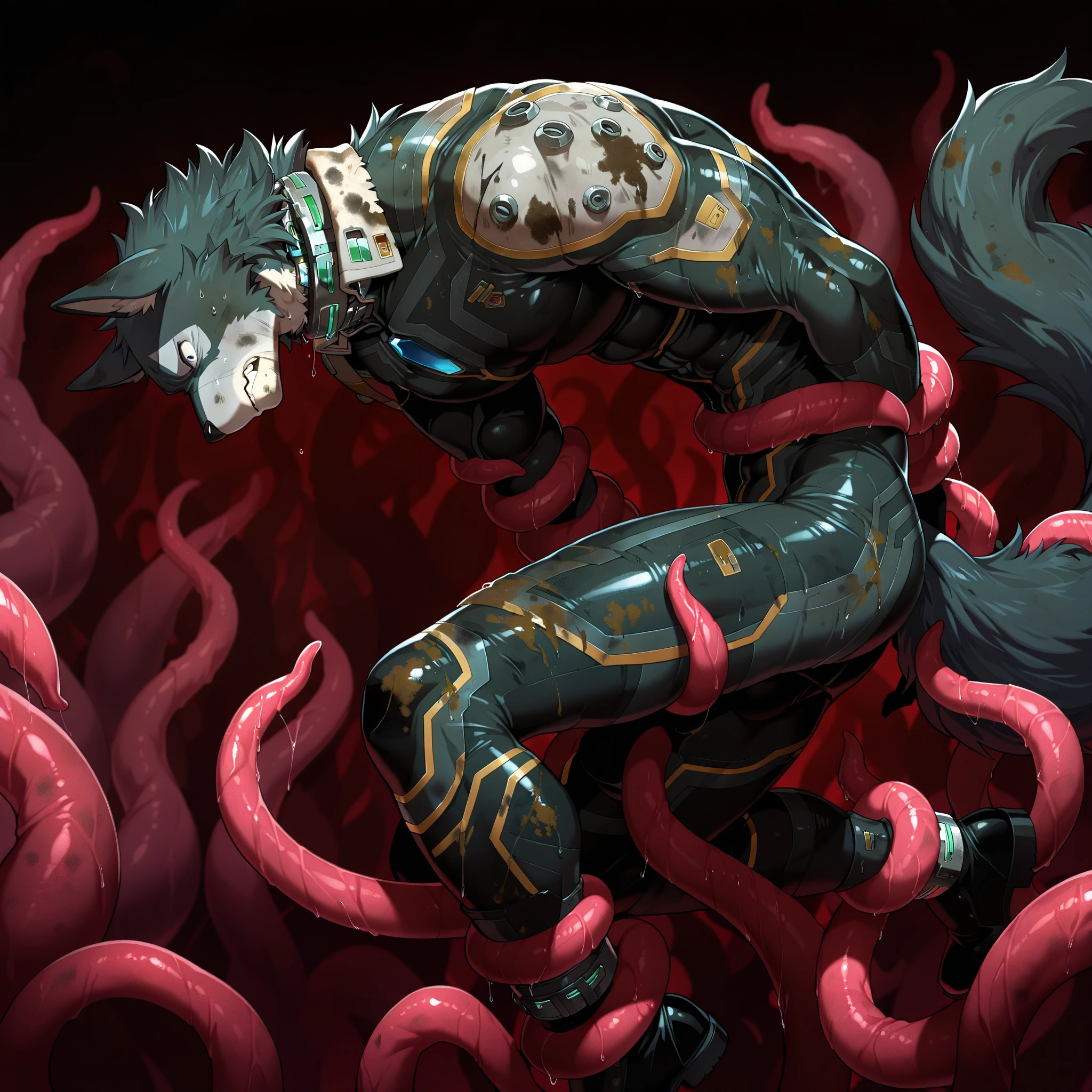 Latex clothing、Furry、shoun、drools,Tied with bandages、Tangled in tentacles、on top of the bed