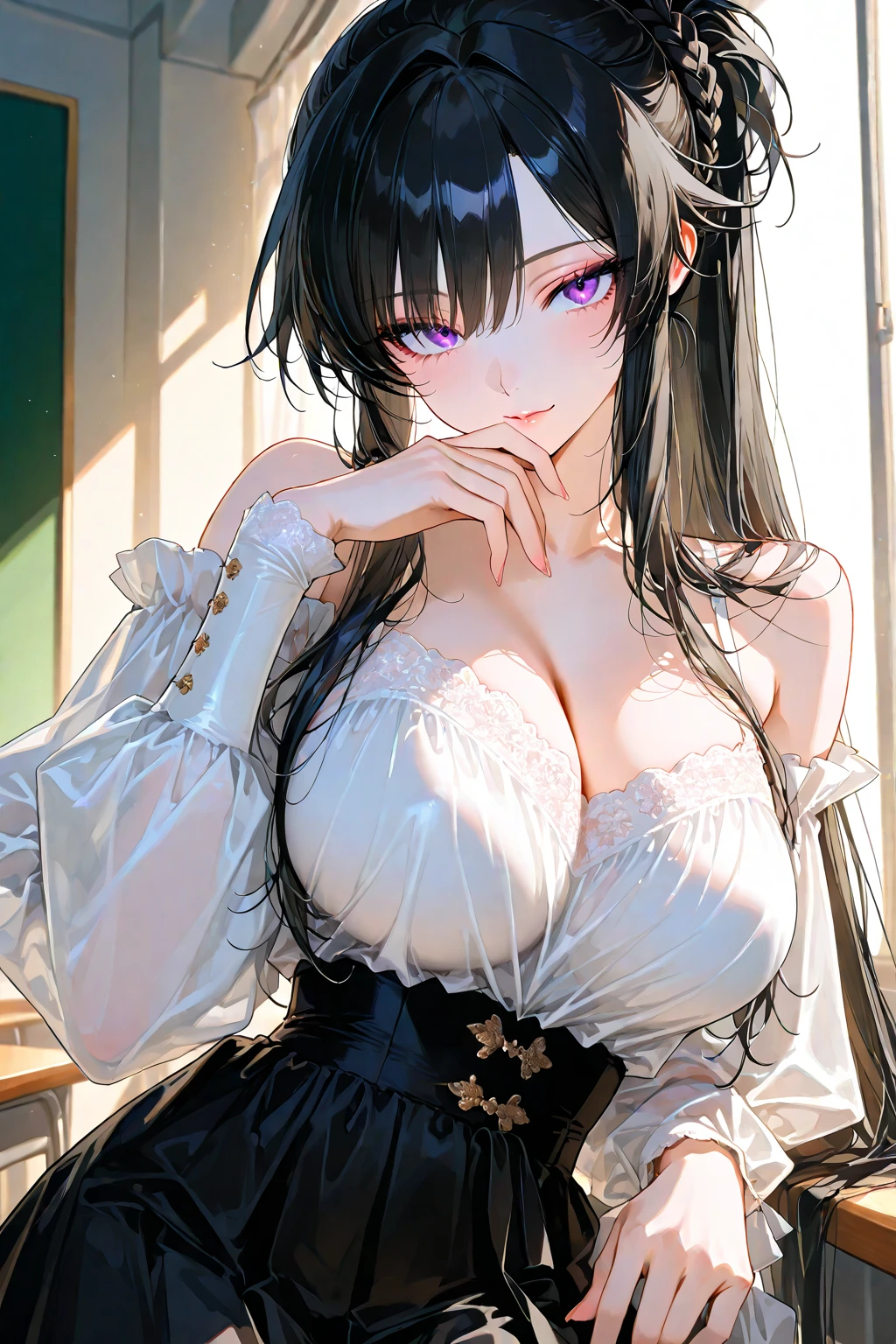 high quality, 最high quality, photo-Realistic, RAW Photos, Realistic, ultra Realistic 8k cg, Very detailed, High resolution, masterpiece, One girl, Long Hair, Black Hair, Iris, spread, Intricate details, Detailed Texture, In detail, Huge breasts, super mini skirt, plump, luxurious ornaments, maximum dress, super large breasts, super large breasts that sag a little, large breasts, sleeveless, hands behind head, black clothes, not divided into top and bottom, frills
