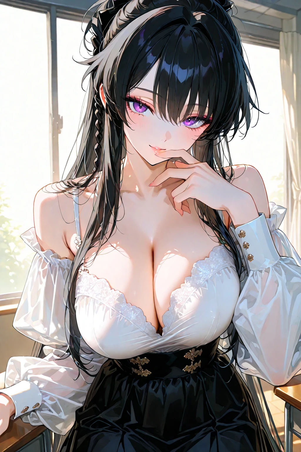res, komi_shouko, 1girl, solo, hair ornament, purple hair, hair in a bun, bangs, glossy lips, large breasts, tighs, thighhighs thigpurple eyes, school, ballerina, white pantyhose, tutu, nervous
