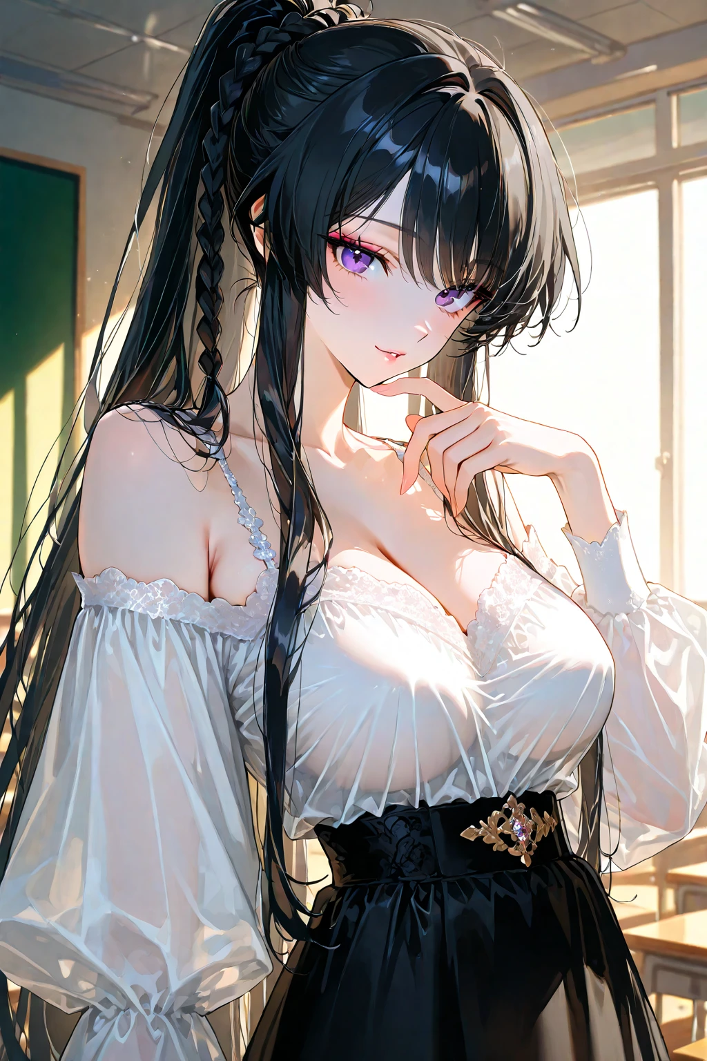A woman with black hair with white highlights, with lilac eyes, with a demonic mark on the cheek