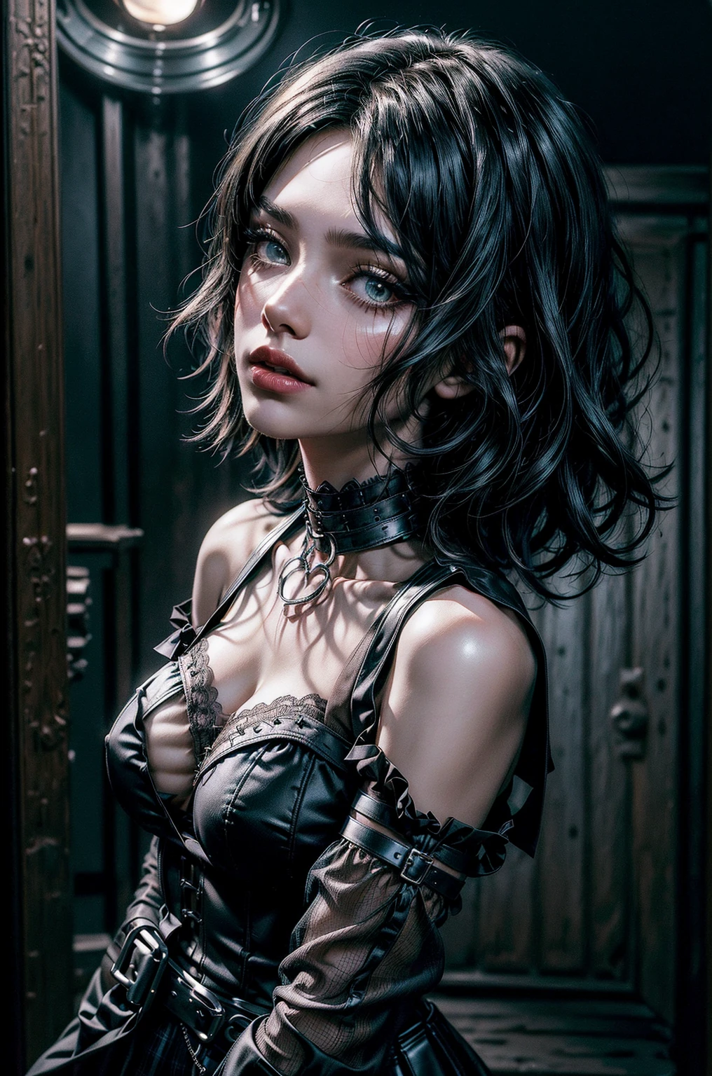 "(best quality,4k,8k,highres,masterpiece:1.2),ultra-detailed,(realistic,photorealistic,photo-realistic:1.37),portrait,sexy woman,goth makeup,edgy punk hairstyle,detailed eyes and face,long eyelashes,victorian dress,gothic punk style,spiked piercings,black and white photography,high contrast lighting,dramatic shadows"