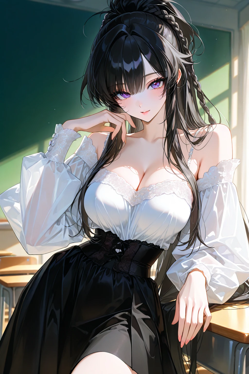 (((masterpiece))),(((High resolution)))、(((8K)))、(((perfect face)))、(((Korean idol)))、25 years old, ((off shoulder)),  ((skirt)), look at the camera, thighs, ((top quality eyes)), ((detailed eyes)), ((detailed face)), (detailed texture), look at the camera, big tits