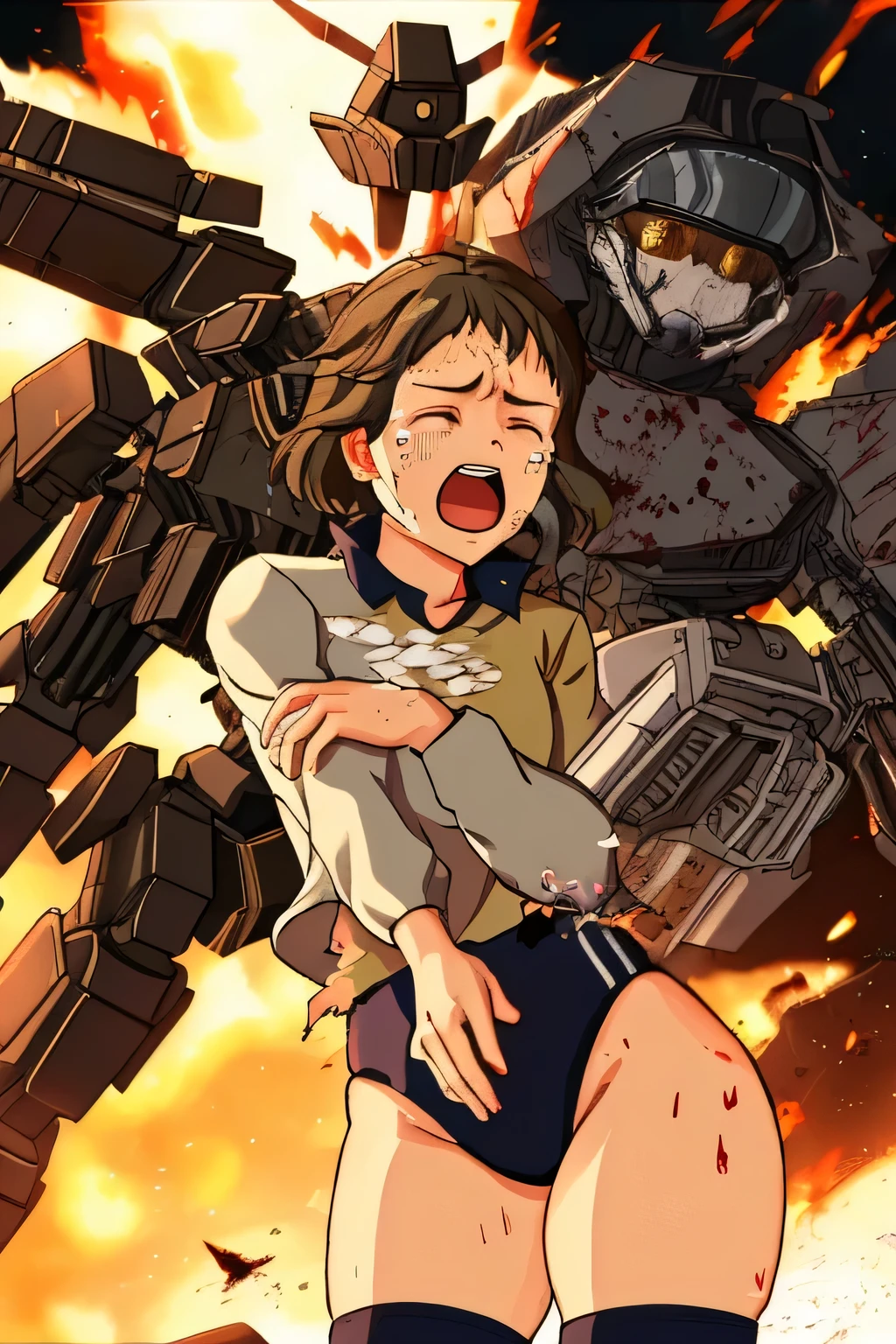 cockpit_explosion, fire, electricity, screaming, explosion, science fiction, tearing clothes, standing, blood, scared, sweat, crying, mecha, torn clothes, tears, cockpit,1girl、wearing black gymnastics bloomers,high leg,white blouse,cowboy shot,self wedgie,bloomers pull myself,後ろに寄りかかる、体を反らせる、後ろに反らせる、串刺し、体を後ろに反らせる、エビ反り,爆風、衝撃、破壊、吹き飛ぶ、消滅、焼き尽くされる,closed eyes