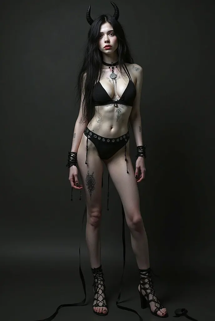 skinny 35 years old woman, , small ass, black long hair, wearing white cyberpunk lingerie with triangular forms, in a white background, black nails, triangular necklace, triangular earrings, showing vagina