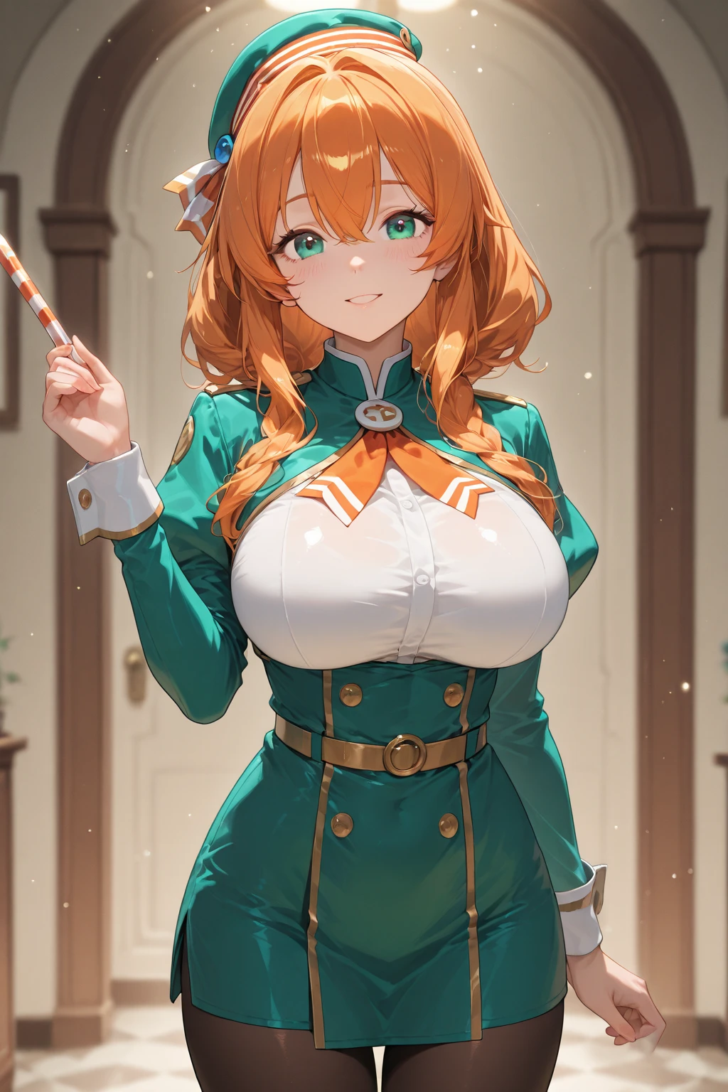 (masterpiece, highest quality:1.2), highest quality, masterpiece, high resolution, Anime style, portraiture, long hair, ash ginger hair, redhead hair, oversized coat, right green eyes, ((big breasts, huge breasts, large breasts, ample breasts)), magic, magic square, magician, almond-shaped eyes, in a bad mood