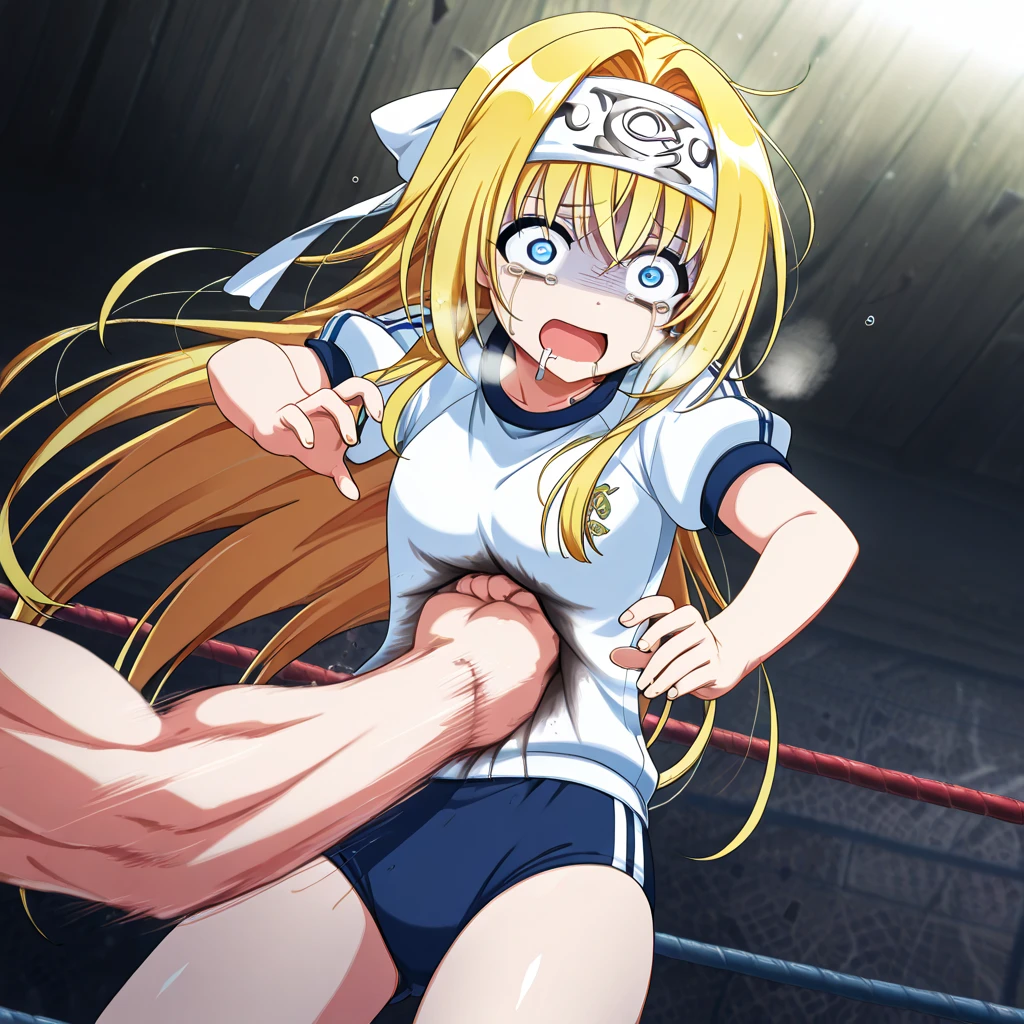 score_9, score_8_up, score_7_up, source_cartoon,takeda hiromitsu style, (1girl)and(1boy,tall stature)),hetero,(1girl),(fighter:1.4),(long hair, french braid),straight hair, (blonde hair), light blue eyes, (huge breasts), pale skin,shiny skin, (rolling eyes:1.4),(ahegao),(trembling), erectile nipples, ((She wears princess dress, black pantyhose)), cum in pussy,(cum on clothes:1.4), cum on breasts,cum on body,cum facial, bukkake, cum in mouth,cum on hair,(excessive cum), (1boy,tall stature:1.4),((smug)),large penis, ((((hug from behind)))), sex from behind, standing sex, ((((motion lines)))), vulgarity, clothed,(wrestling ring),