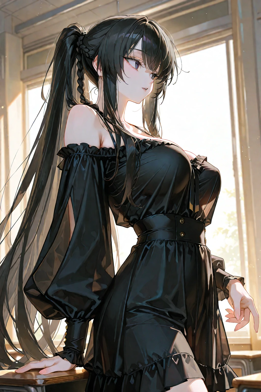 (top quality, masterpiece, high quality, ultra-delicate), ((beautiful girl)), (smooth dark black hair), mature, graceful curves, (long hair, long bangs), vibrant green eyes, detailed eyes, modern clothing, fashionable clothing, black collar, black dress, casual ribbon, large chest, charm, fashion, sunset in the background small blush, thick thighs, large breast, green earrings. 