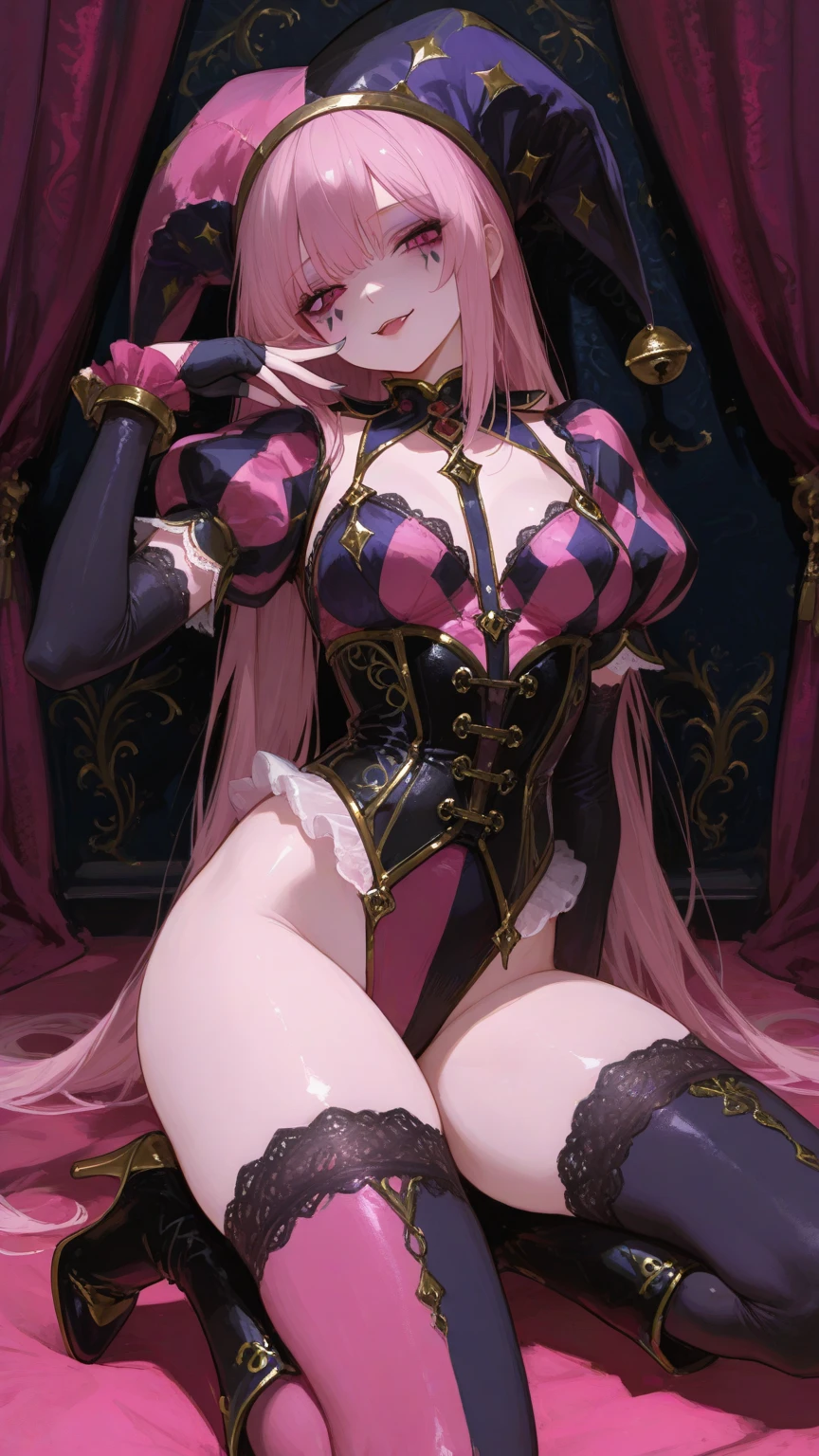 Pink hair girl,curly wavy hair,yellow eyes,big breast,((bunny suit)),casino,illustration,highest quality,ultra-detailed,vivid colors,studio lighting,sharp focus (best quality,4k,8k,highres,masterpiece:1.2),extremely detailed eyes and face,longeyelashes,anime,luxury,night scene,beautiful detailed lips,glowing lights,sexy vibe,lively atmosphere,game tables,fancy decorations,golden chandeliers,expensive gambling chips,winning smiles,cocktail glasses,cigarette smoke,confident poses,high-class,rich aesthetic,card games,roulette wheel,playing cards,slot machines,poker chips,money stacks,excitement,thrilling suspense,luck,entertainment.