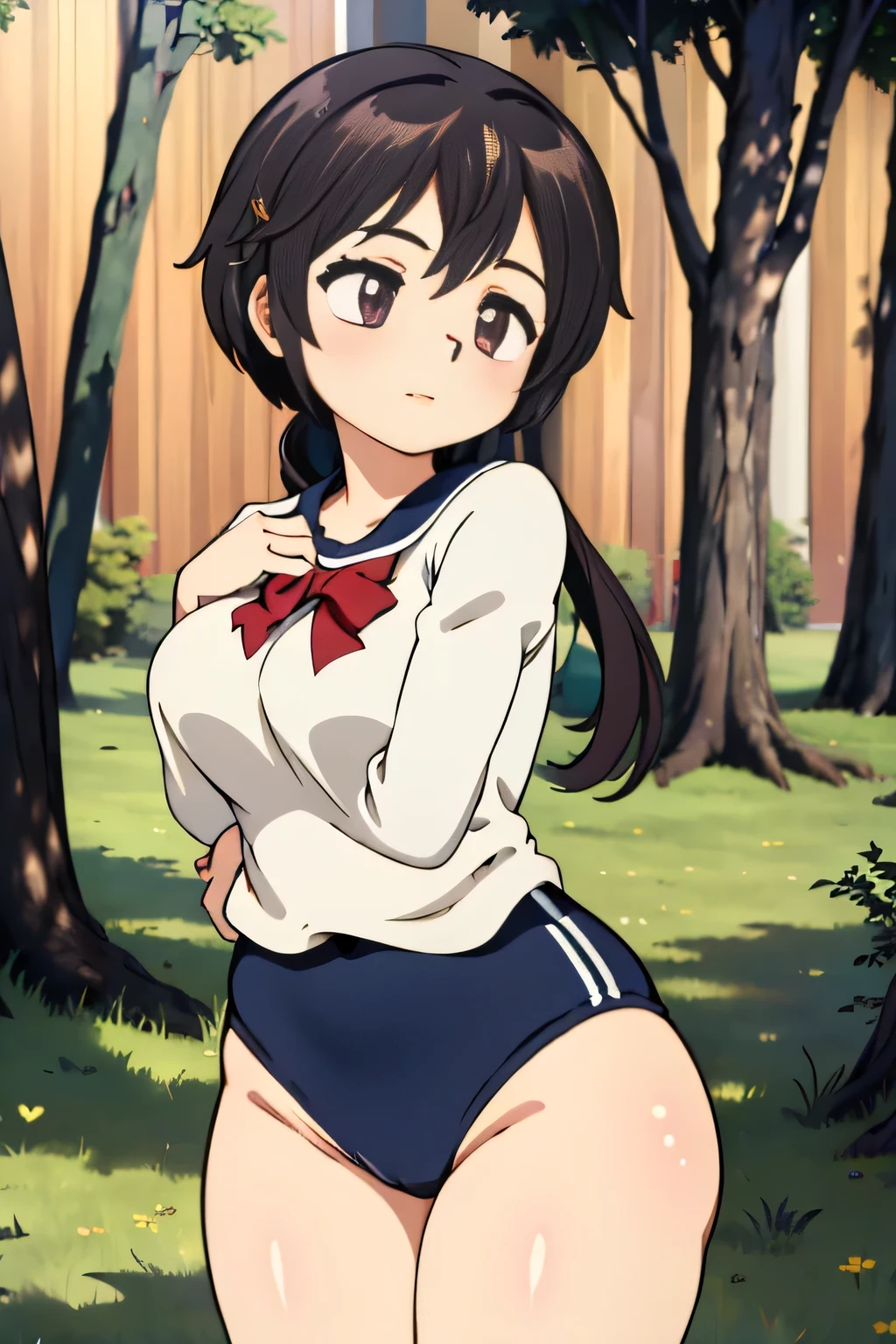 (masterpiece, highest quality), 1 girl, beautiful face, beautiful body, wearing a Black gymnastics bloomers, High leg、white blouse, cowboy shot、Are standing、full body portrait、alone, complex details, enlarged textures, complex details, finely detailed eyes and detailed face, intricate details, (closed mouth), perfect eyes, equal eyes, perfect body, extremely detailed, (), extremely realistic 3d,In a dark forest、long violate hair,Grass