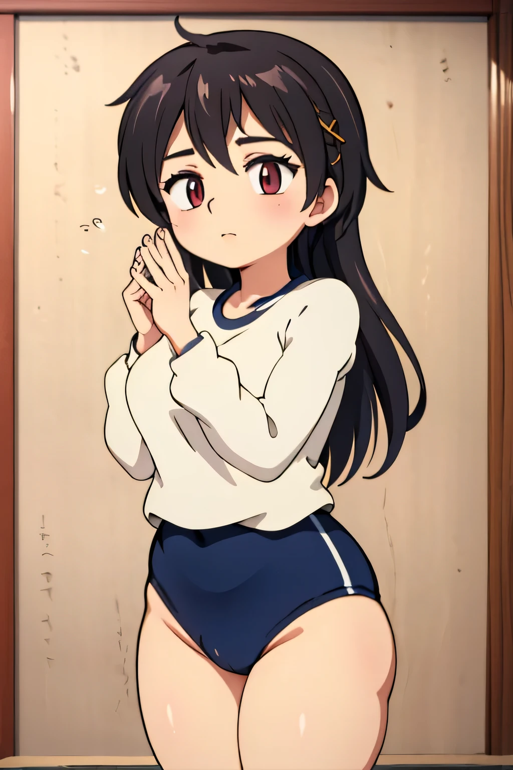 (masterpiece, highest quality), 1 girl, beautiful face, beautiful body, wearing a Black gymnastics bloomers, High leg、white blouse, cowboy shot、Are standing、full body portrait、alone, complex details, enlarged textures, complex details, finely detailed eyes and detailed face, intricate details, (closed mouth), perfect eyes, equal eyes, perfect body, extremely detailed, (), extremely realistic 3d,In a dark forest、long violate hair,Grass