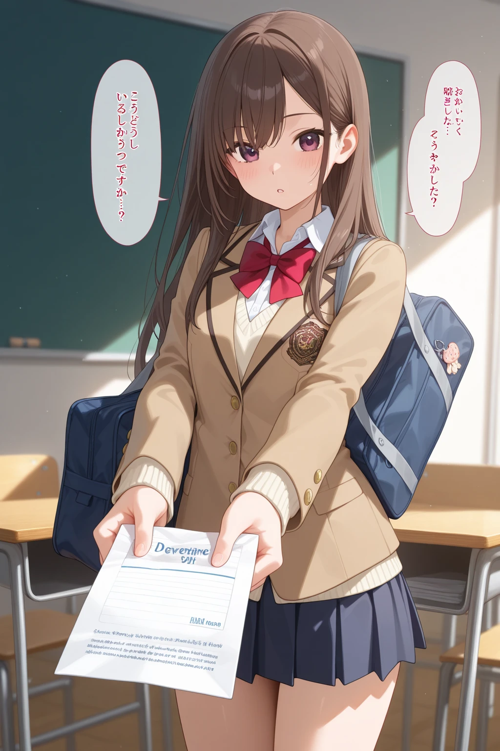 masterpiece,ultra detail,best quality,1girl,blush,shy,CircleSetting, <lora:CircleSetting:0.7>,note,doujinshi,doll,signboard,poster,table,chair misaka mikoto,knit vest,text,speech bubble