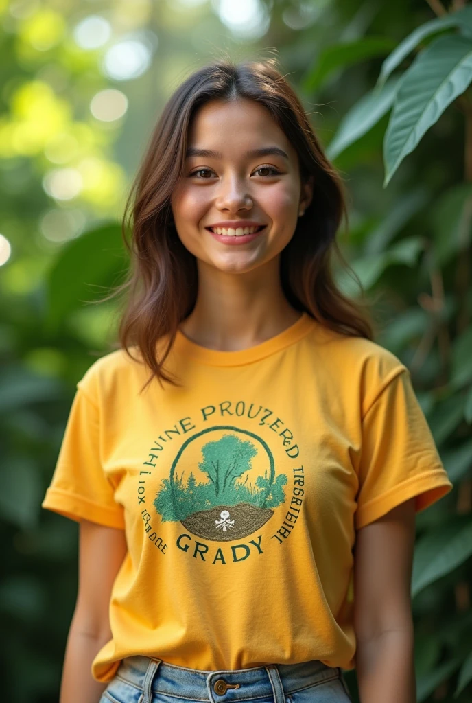 A high-resolution photo of a closeup of a RED-haired child girl with long hair, in jeans overalls, white T-shirt, loose farmer's hat, looking at the camera, standing in the field of (fruit trees), holding a basket of oranges