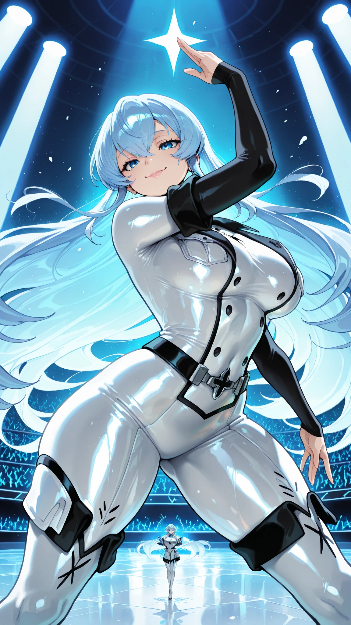 woman,14 years old,,city,night,(((white and blue tight miniskirt bodysuit))),(wet with sweat),open mouth smile((See-through))glasses,((beautiful long ponytail)),((Baby girl body shape))