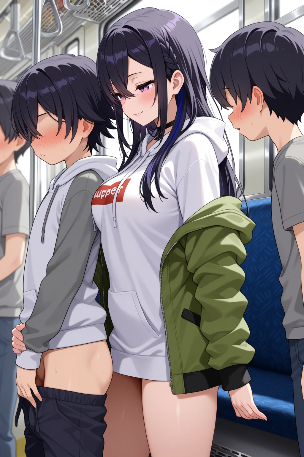 blue eyes, black hair, high res, happy and excited, tiny girl, ????? penetrating pussy, sex not noticed by large crowd, wearing long wet shirt, background with large crowd, at amusement park, persons close on left and right side and behind and front, lay on low seat, in a contraption, small wall
