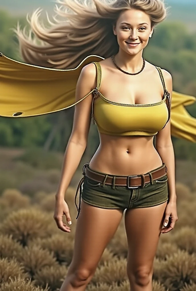 Goddess woman, Scarllet Johasson, cowboy shot, bokeh, close-up, seductive look, green sleeveless shirt, beige denim shorts, white belt, red lips, saliva