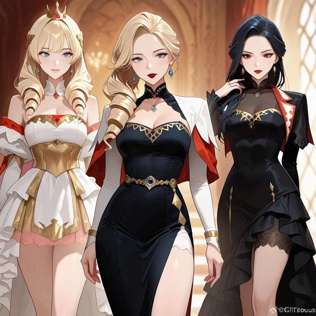 (2girls aligned:1.2), (confrontation), (looking at viewer), (golden), jewelry, gorgeous, splendid, luxurious, aristocrat, noble, arrogant, goddess, queen, curly hair, forehead, embroidery, white satin dress and gloves and cape, gleaming skin, face focus, (portrait:1.2), Simple Background, best quality, high resolution, all intricate, mature women
