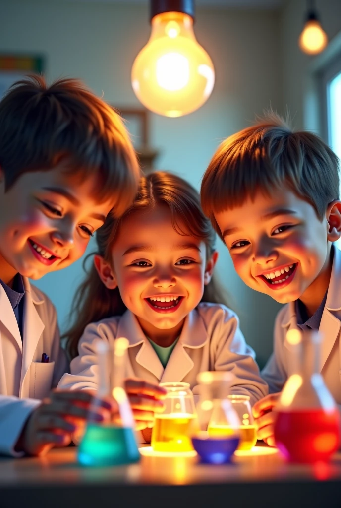 A group of 4 children in a laboratory with lab coats raising their hands to ask the teacher for help