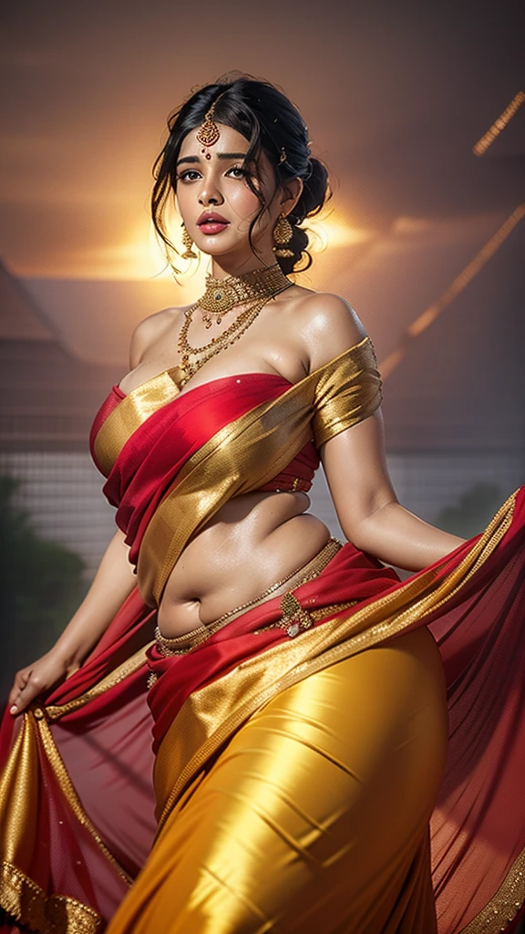 In the heart of Majapahit's rich heritage, lebih imut Laksmininya, a stunningly hyper-detailed and hyper-realistic UHD 16K 3D character is brought to life. Adorned in traditional clothing, she wears a vibrant red tang top that hugs her curves, revealing the sweet hint of her midriff. Her long, flowing hair is half-tied with an intricately designed golden bracelet, its ends waving gracefully down to her waist. The lower half of her hair cascades freely, glowing under the soft red brick fortress lighting.
Award-winning batik fabric adorns her shoulders