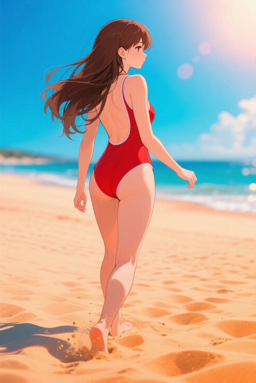 anime, ((ty lee, avatar the last airbender, 1girl, beach,)) summer, sunglasses, medium shot, red bikini, string bikini, revealing, wet skin, sun kissed, long legs, petit body, perfect body, big hazel eyes, blush, sunrays, ultra high quality, braid, brown hair, small breasts, standing, sandcastle, cameltoe, wet clothes, wet hair, artistic braided hair, cute, light pale skin, fire nation, long hair, looking at viewer, 