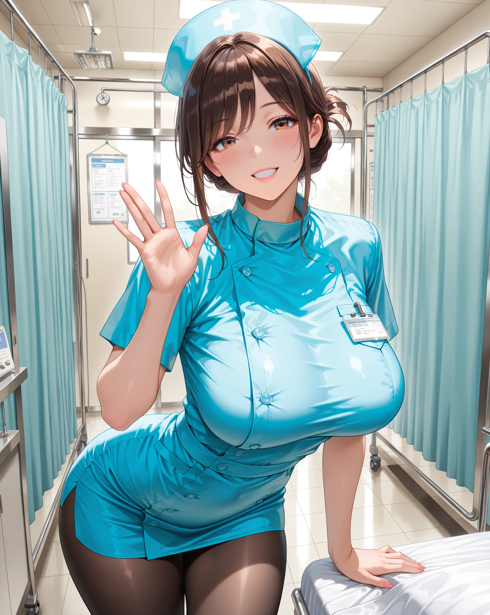 ((((perfect anatomy, anatomically correct, super detailed skin)))), 1 girl, japanese, 19 years old, nurse, white skin, shiny skin, large breasts:0.5, watching the view, (smile:1.5), 
beautiful detailed eyes, (short hair:1.2, bob cut:1.2), blonde hair, blue eyes, pink lips, babyface, mole under eye, 
((nurse cap, short sleeves, light pink nurse wear, ((white legwear, zettai ryouiki)), white gloves)), 
(beautiful scenery), day time, , ((inside hospital bed-room, modern)), standing, ((holding urine bottles:1.2, glowing urine in a urine bottles)), 
(8k, best quality, masterpiece​, ultra-detailed, ), (photorealistic:1.2), illustration, cinematic lighting,