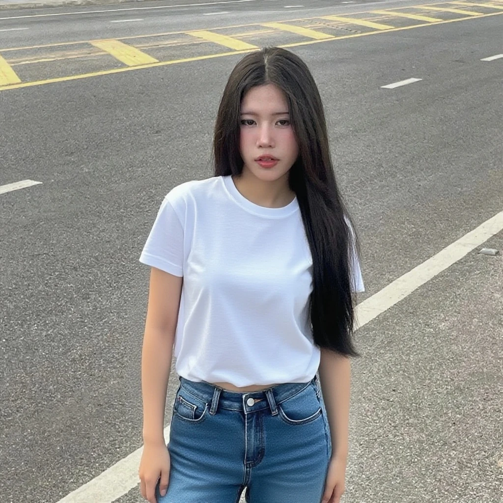 A girl with prefect body age 16yera long hair style sitting on bench white shirt black pant girl Korean girl like butyfull girl 