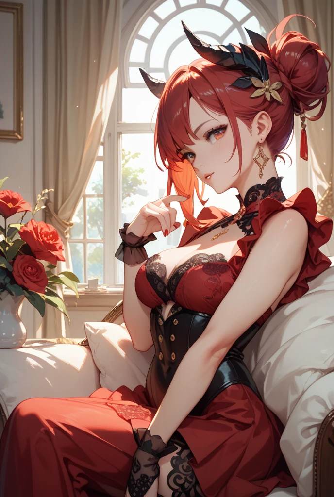 (extremely detailed CG Unity 8k wallpaper, masterpiece, best quality, super detailed), (best lighting, best shadow, extremely delicate and beautiful) Realistic, detailed, long-looking, blood goddess, lush dress, red and black shades, detailed background, black background, dark background, multi-case background, wallpaper
