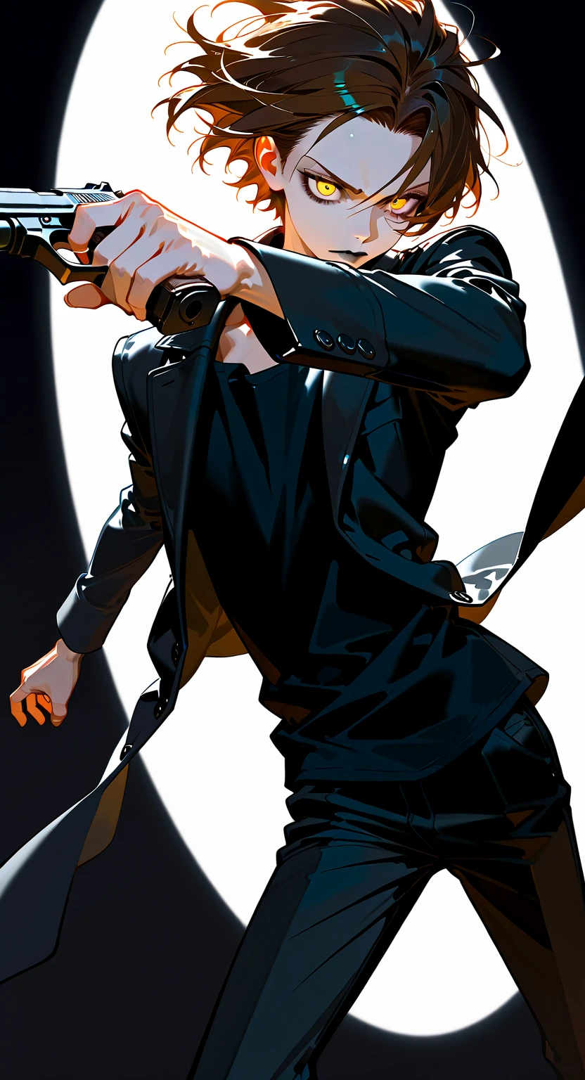 teenage man ,Smoky white hair, wearing a black suit . Turn back and look back. Half body image, colored lights,  look back. วิวจากดาดฟ้าตึกสูง all black suit