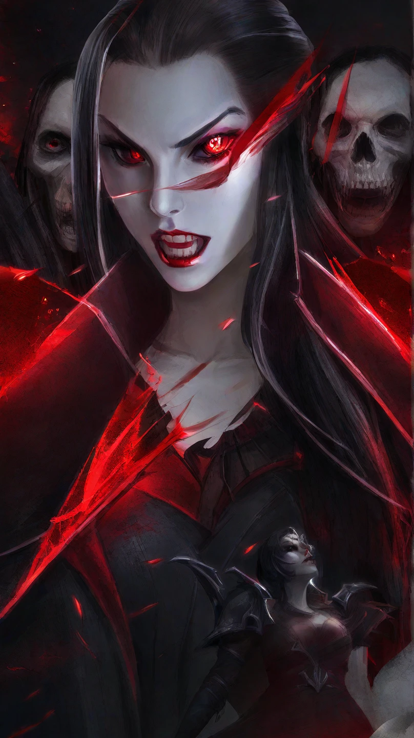 (Extremely detailed CG unity 8k wallpaper),(masterpiece), (best quality), (Extremely detailed), (Best Illustration Award),(The best shadow), 一个美丽的吸Blood鬼 ,(Sharp eyeliner, Eyeshadow, Exquisite eyes:1.1),(Black trench coat), Long hair, Red Eyes, Fangs, Blood,, In a dark environment.