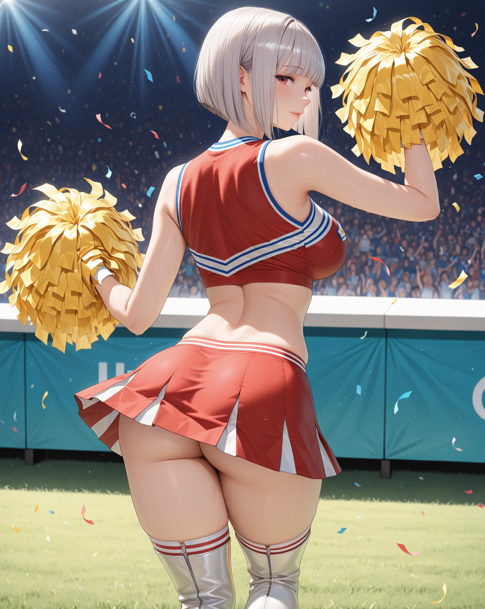 raise one leg、panty shot、cheerleader beauty、silver hair upstyle、((whole body))、(((photo taken from below)))、baseball Ground