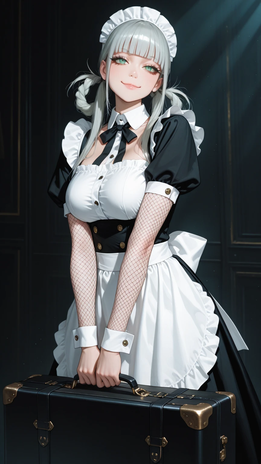 <lora:hermione_v1.0:0.8>,hermione\(azur lane\),maid_headdress, waist_apron, pantyhose, puffy_short_sleeves,garter_straps,black gloves, smile, clenched hands,indoors, heart hands, masterpiece, best quality, extremely detailed face, sharp details, high contrast,