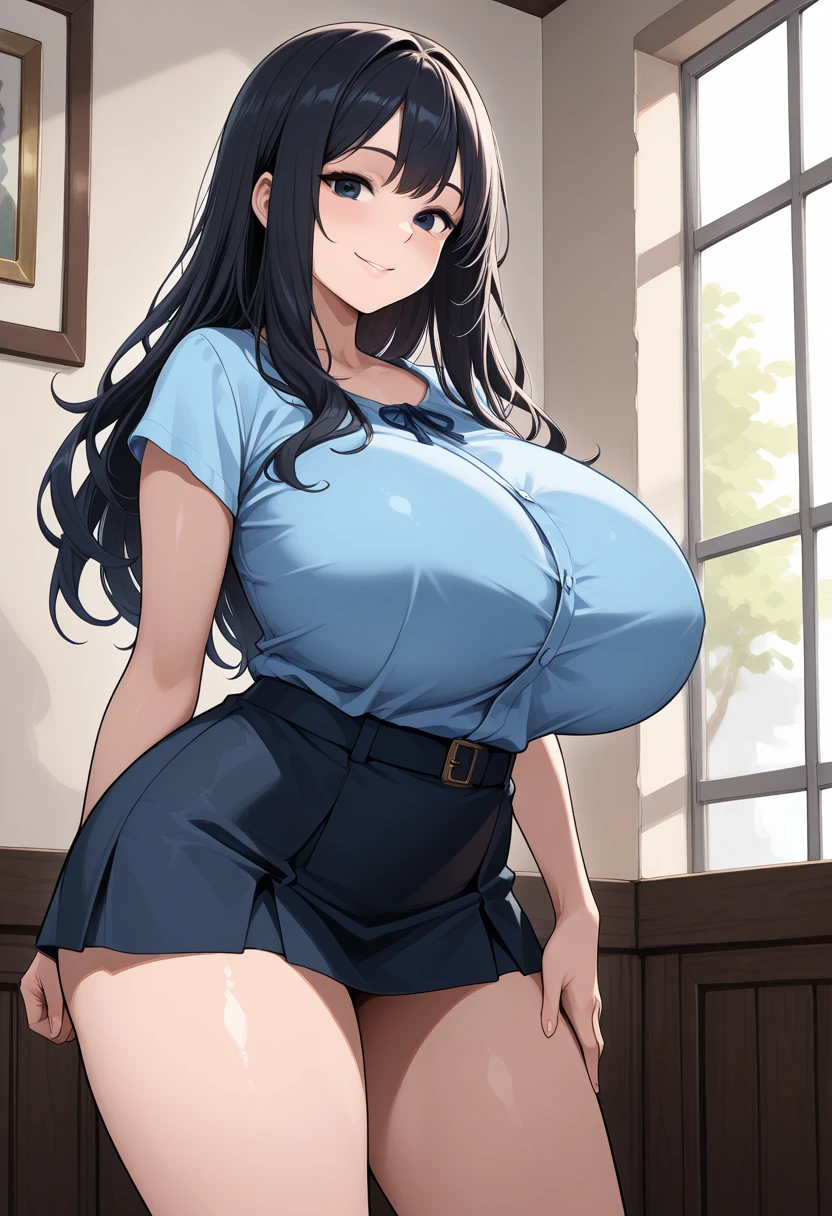 thick black woman with big breasts, thick thighs, with a sexy smile and a cute skirt