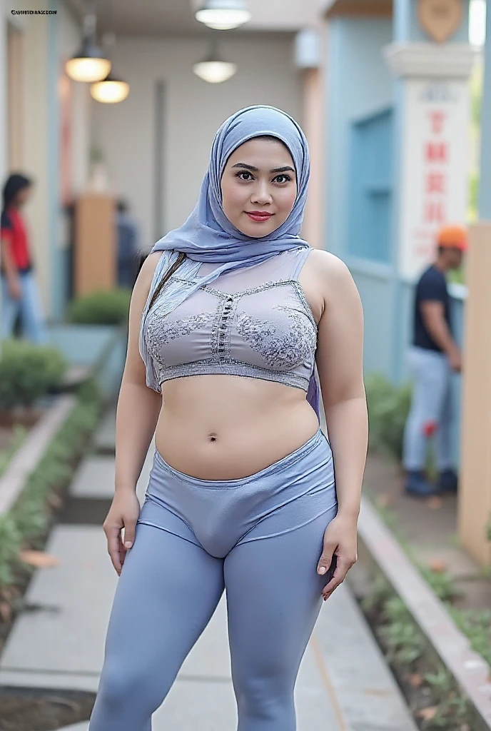 RAW, Best quality, high resolution, masterpiece: 1.3), beautiful malaysian woman in hijab,Masterpiece, perfect slim fit body, (big breastig gorgeous eyes, Soft smile, wear a light blue lace bra and light blue pantyhose legging. necklace, shairband, afternoon walk, City garden, Excellent lighting, Bright colors, Clean lines.cameltoes