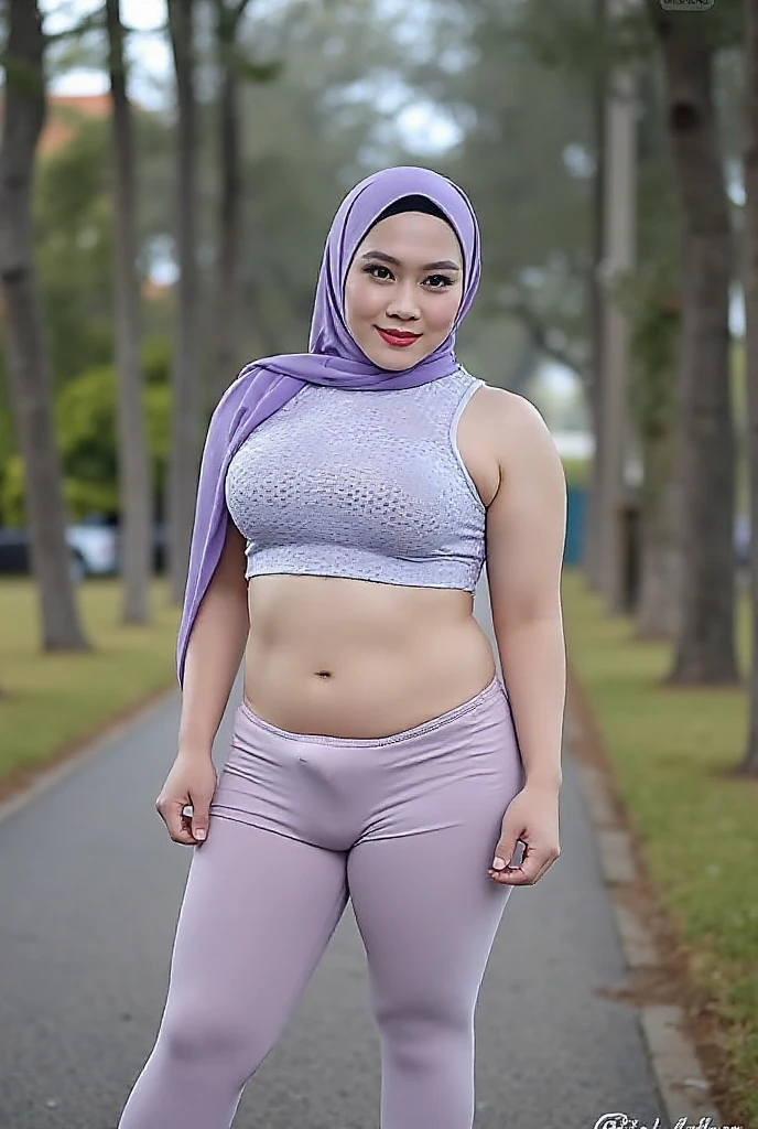 RAW, Best quality, high resolution, masterpiece: 1.3), beautiful Malay woman in hijab,Masterpiece, perfect fit body, big breast, chubby, biggorgeous eyes, Soft smile,thick thighs,muslim a woman standing on the side of the road, light blue shirt and pink scarf , in front of a forest background, with beautiful girls, wearing beautiful clothes, katelynn long cute style, long in pastel shades, with lovely look, City garden, Excellent lighting, Bright colors, Clean lines