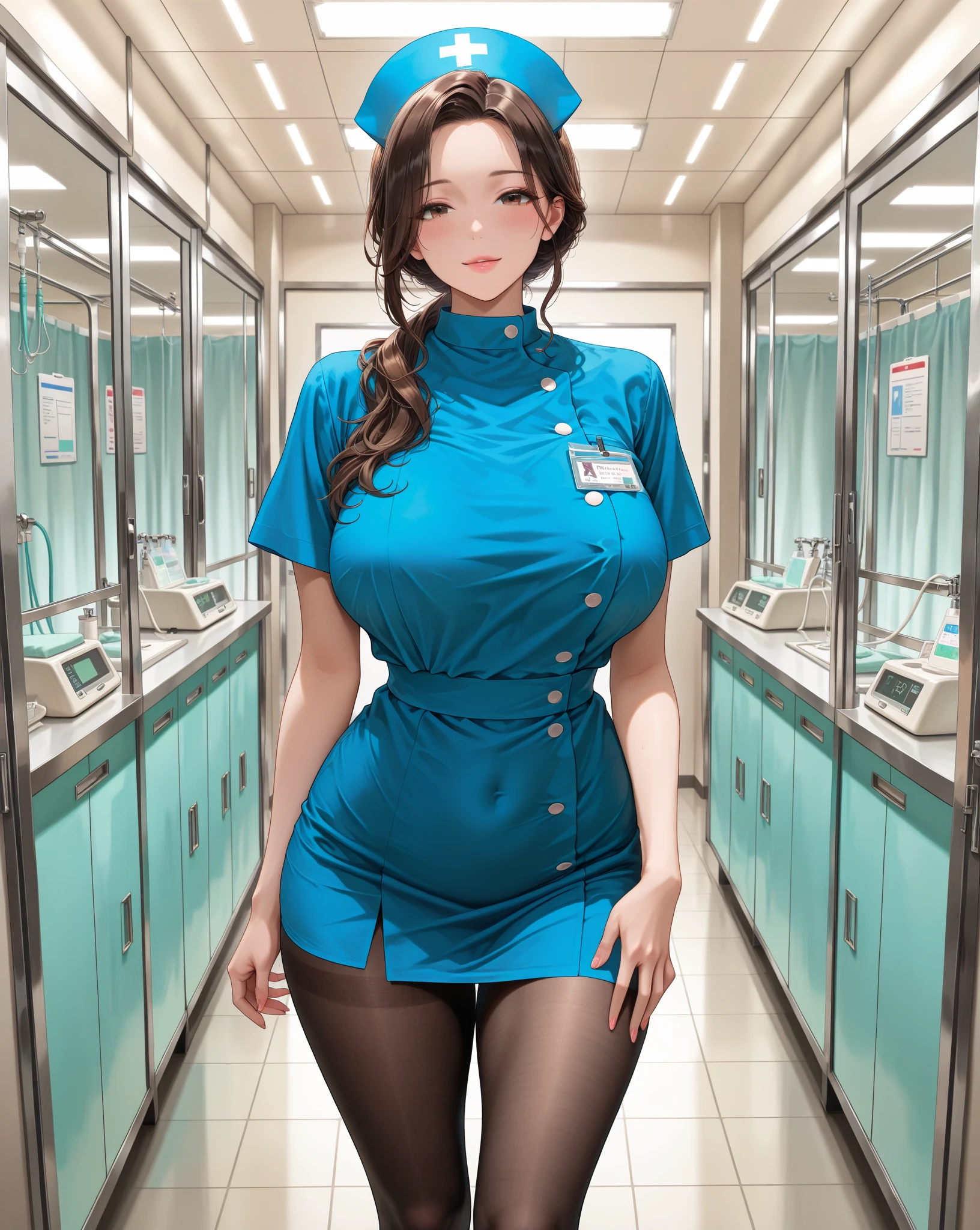 An image of a mesmerizing woman dressed as a sexy surgeon, exalando autoridade e sensualidade em uma sala de cirurgia. She wears an elegant surgical dress that accentuates her figure, while your eyes convey a sense of power and confidence. The image captures the intensity and sophistication of the medical profession.