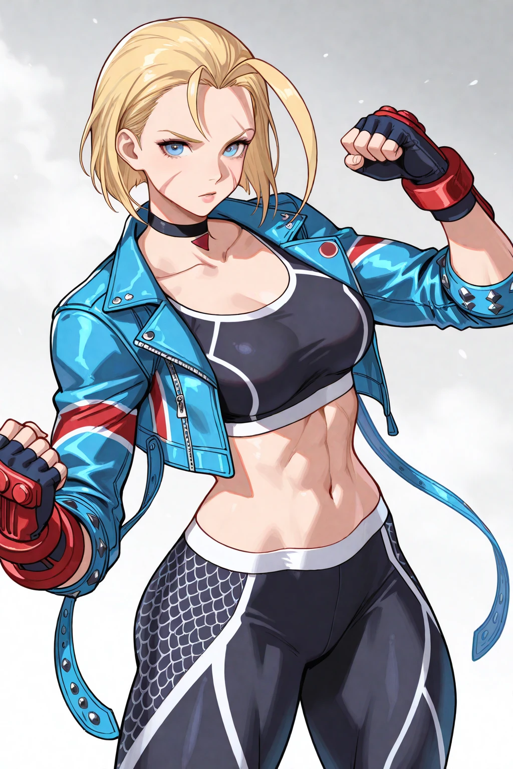 <lora:cammy_white_v1:0.8> cammy white, short hair, antenna hair, blue eyes, scar on cheek, large breasts, black choker, collarbone, blue jacket, cropped jacket, open jacket, sports bra, midriff, fingerless gloves, black gloves, black pants
masterpiece, best quality, absurdres, gym, punching bag, indoors, gym equipment, looking at viewer, smile